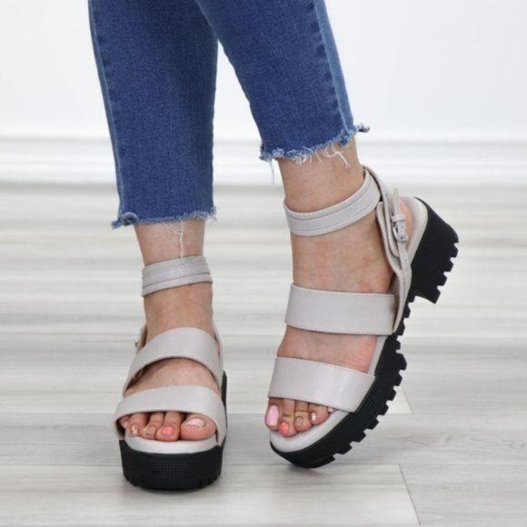Gray Strappy Chunky Heel Sandal Faux Leather - Picture 8 of 11